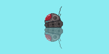 Animated pixel-art tank with a reflection on a cyan background