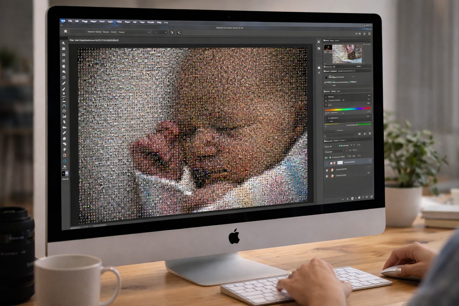 Photomosaica software open on a computer showing mosaic editing interface