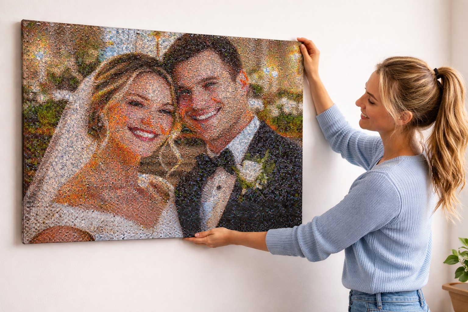 Woman hanging a large photo mosaic wedding portrait on the wall